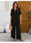 Kadın Kısa Kollu V Hakim Yaka Düğmeli Bürümcük Bluz Ve Pantolon Ikili Takım