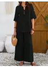 Kadın Kısa Kollu V Hakim Yaka Düğmeli Bürümcük Bluz Ve Pantolon Ikili Takım