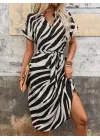 Kadın Kısa Kollu V Hakim Yakalı Zebra Desenli Midi Süprem Elbise