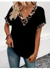 Kadın Kısa Kollu V Leopar Yakalı Viskon Bluz