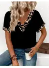 Kadın Kısa Kollu V Leopar Yakalı Viskon Bluz