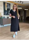 Kadın Kısa Kollu V Ribana Yakalı Yırtmaçlı Midi Viskon Iki Iplik Elbise