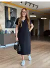 Kadın Kısa Kollu V Ribana Yakalı Yırtmaçlı Midi Viskon Iki Iplik Elbise