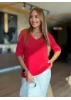 Kadın Kısa Kollu V Yaka Ajurlu Triko BluZ