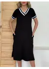 Kadın Kısa Kollu V Yaka Kol Ve Yaka Ribana Detay Midi Boy Viskon Elbise