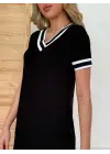 Kadın Kısa Kollu V Yaka Kol Ve Yaka Ribana Detay Midi Boy Viskon Elbise
