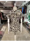 Kadın Kısa Kollu V Yaka Leopar Desen Krep Bluz