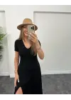 Kadın Kısa Kollu V Yaka Maxi Boy Elbise 124 Cm