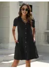 Kadın Kısa Kollu V Yaka önü Düğmeli Viskon Elbise
