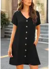 Kadın Kısa Kollu V Yaka önü Düğmeli Viskon Elbise
