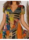 Kadın Kısa Kollu V Yaka Renkli Karışık Desen Kloş Süprem Midi Elbise