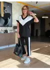 Kadın Kısa Kollu V Yaka Siyah Beyaz Renkli Viskon Iki Iplik Kumaş Eşofman Takımı