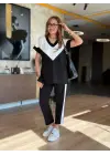 Kadın Kısa Kollu V Yaka Siyah Beyaz Renkli Viskon Iki Iplik Kumaş Eşofman Takımı