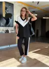Kadın Kısa Kollu V Yaka Siyah Beyaz Renkli Viskon Iki Iplik Kumaş Eşofman Takımı