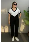Kadın Kısa Kollu V Yaka Siyah Beyaz Renkli Viskon Iki Iplik Kumaş Eşofman Takımı