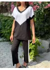 Kadın Kısa Kollu V Yaka Siyah Beyaz Renkli Viskon Iki Iplik Kumaş Eşofman Takımı