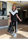 Kadın Kısa Kollu V Yaka Siyah Beyaz Renkli Viskon Iki Iplik Kumaş Eşofman Takımı