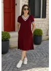 Kadın Kısa Kollu V Yaka Ve Yaka Ribana Detay Midiboy Viskon Elbise