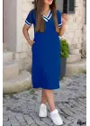 Kadın Kısa Kollu V Yaka Ve Yaka Ribana Detay Midiboy Viskon Elbise
