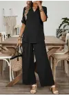 Kadın Kısa Kollu V Yakalı Aerobin Bluz Ve Pantolon Ikili Takım