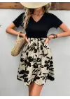Kadın Kısa Kollu V Yakalı Belden Kuşaklı çiçek Desenli üst Viskon Alt Süprem Elbise