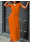 Kadın Kısa Kollu V Yakalı Belden Kuşaklı Maksi Boy Viskon Elbise