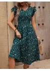 Kadın Kısa Kollu V Yakalı Beli Lastikli çiçek Desenli Süprem Elbise