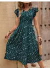 Kadın Kısa Kollu V Yakalı Beli Lastikli çiçek Desenli Süprem Elbise
