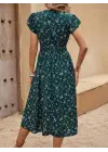 Kadın Kısa Kollu V Yakalı Beli Lastikli çiçek Desenli Süprem Elbise