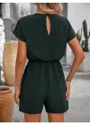 Kadın Kısa Kollu V Yakalı Beli Lastikli Kısa Ithal Krep Tulum