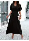 Kadın Kısa Kollu V Yakalı Beli Lastikli Uzun Viskon Elbise