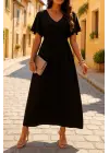 Kadın Kısa Kollu V Yakalı Beli Lastikli Uzun Viskon Elbise