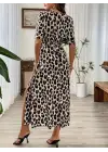 Kadın Kısa Kollu V Yakalı Beli Lastikli Yırtmaçlı Uzun Leopar Desenli Süprem Elbise