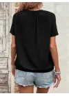 Kadın Kısa Kollu V Yakalı Büzgü Detaylı Viskon Bluz