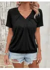 Kadın Kısa Kollu V Yakalı Büzgü Detaylı Viskon Bluz