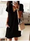 Kadın Kısa Kollu V Yakalı Cepli Kısa Viskon Elbise