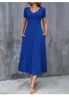 Kadın Kısa Kollu V Yakalı Cepli Viskon Elbise