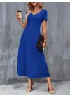 Kadın Kısa Kollu V Yakalı Cepli Viskon Elbise