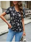 Kadın Kısa Kollu V Yakalı çiçek Baskılı Süprem Bluz