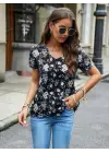 Kadın Kısa Kollu V Yakalı çiçek Baskılı Süprem Bluz