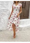Kadın Kısa Kollu V Yakalı çiçek Desenli önü Kısa Arkası Uzun Süprem Elbise