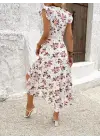 Kadın Kısa Kollu V Yakalı çiçek Desenli önü Kısa Arkası Uzun Süprem Elbise