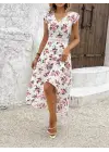 Kadın Kısa Kollu V Yakalı çiçek Desenli önü Kısa Arkası Uzun Süprem Elbise