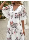 Omarı Çiçek Desenli V Yakalı Kadın Elbisesi