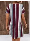 Kadın Kısa Kollu V Yakalı çizgi Baskılı Süprem Elbise