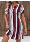 Kadın Kısa Kollu V Yakalı çizgi Baskılı Süprem Elbise