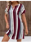 Omarı Elegan Çizgi Desenli V Yakalı Elbise