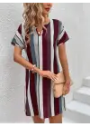 Kadın Kısa Kollu V Yakalı çizgi Baskılı Süprem Elbise