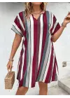 Kadın Kısa Kollu V Yakalı çizgi Baskılı Süprem Elbise