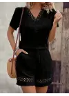 Kadın Kısa Kollu V Yakalı Dantel Detaylı Bürümcük Bluz Ve Short Ikili Takım